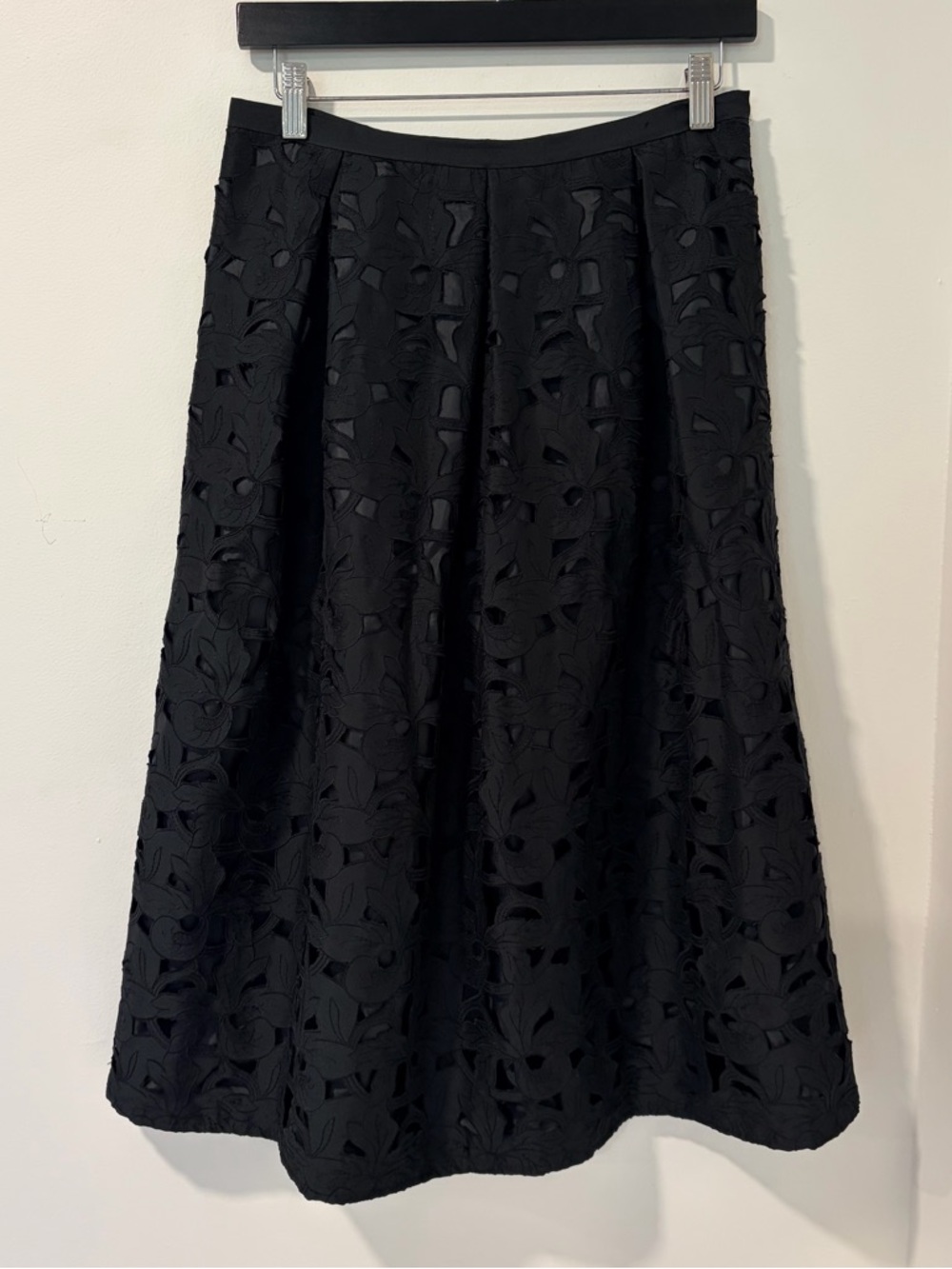 Vintage Talbots 100% silk eyelet cutout lined black midi skirt